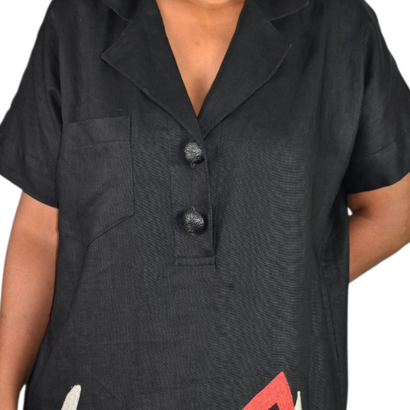 Vintage Andrea Jovine Linen Dress Black Print Abstract Embroidery Cocoon Medium - Picture 4 of 15